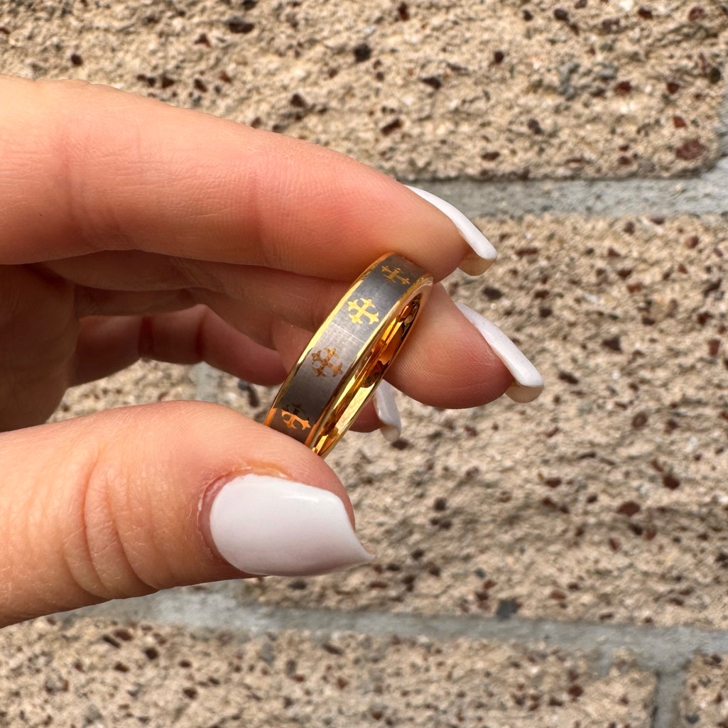 Gold And Gray Cross Tungsten Ring Size 10.5